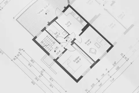 Plan budynku gospodarczego do 35m2: kuchnia, łazienka, salon, sypialnia i taras.